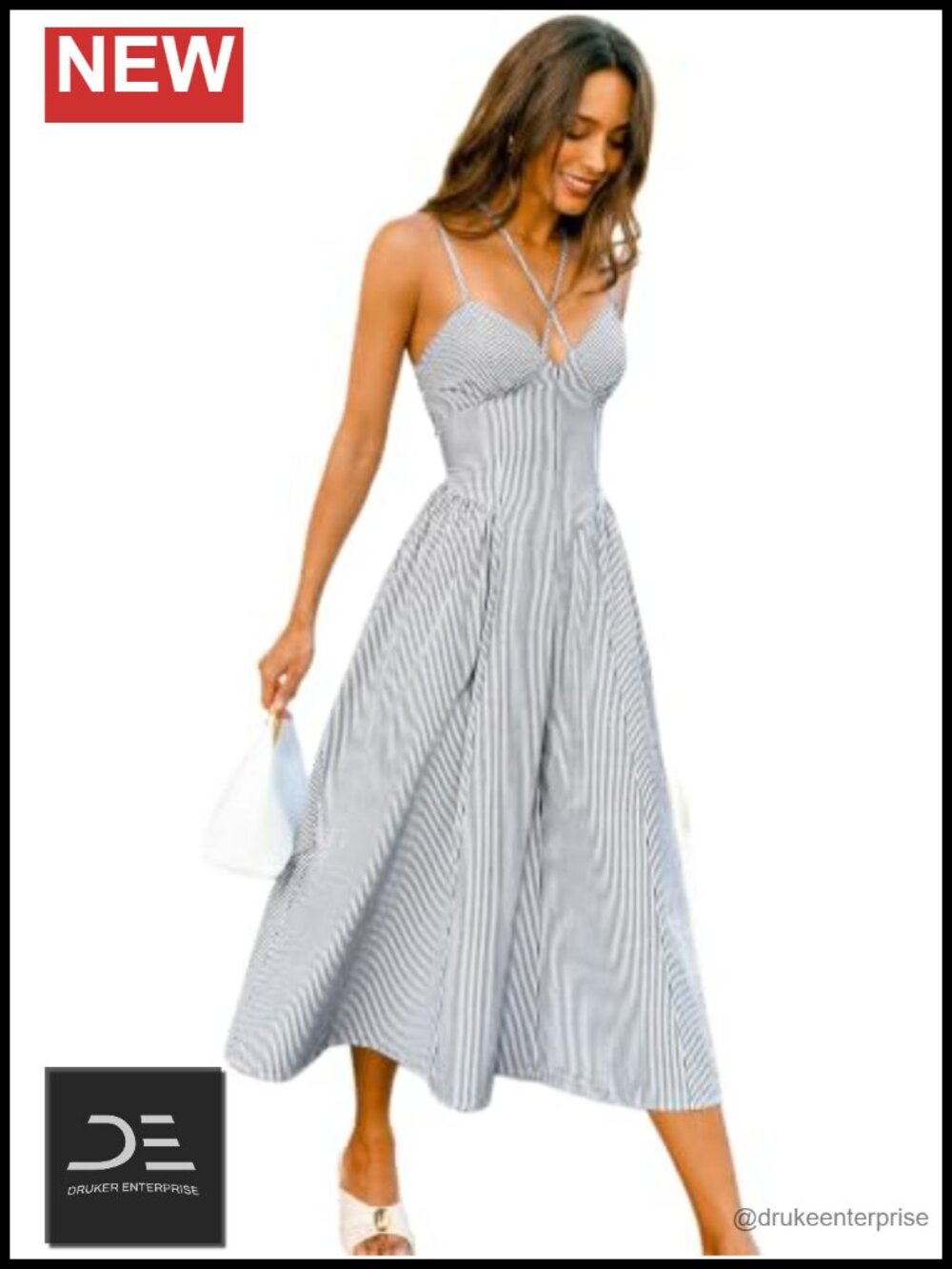 CUPSHE Striped Midi Dress Sleeveless V-Neck A-Line Summer Beach Vacation